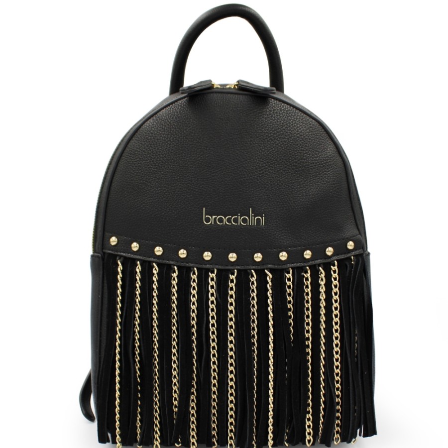 Ladies Bags Braccialini | Braccialini Rock Women'S Black Backpack, With Fringes And Chains B16214