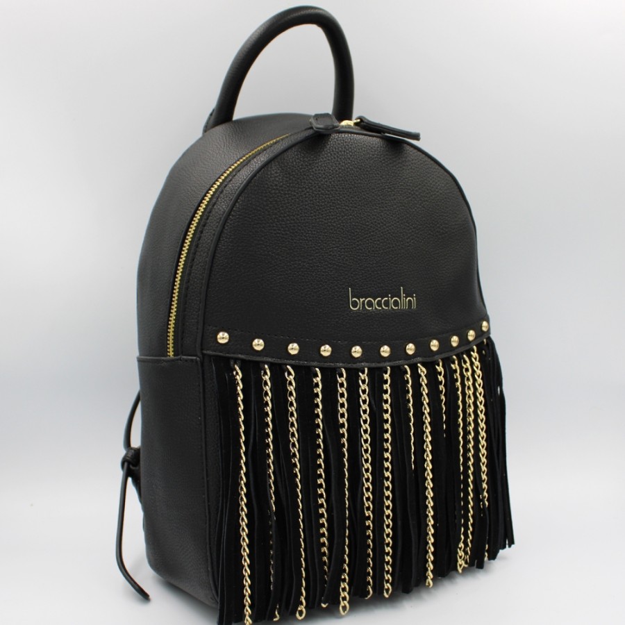 Ladies Bags Braccialini | Braccialini Rock Women'S Black Backpack, With Fringes And Chains B16214