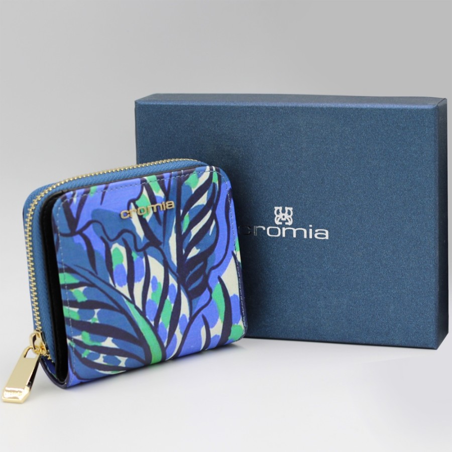 Ladies Accessories Cromia | Cromia Small Zip Around Wallet Of Leather With Exclusive Botanical Themed Blue Motives 26A1183