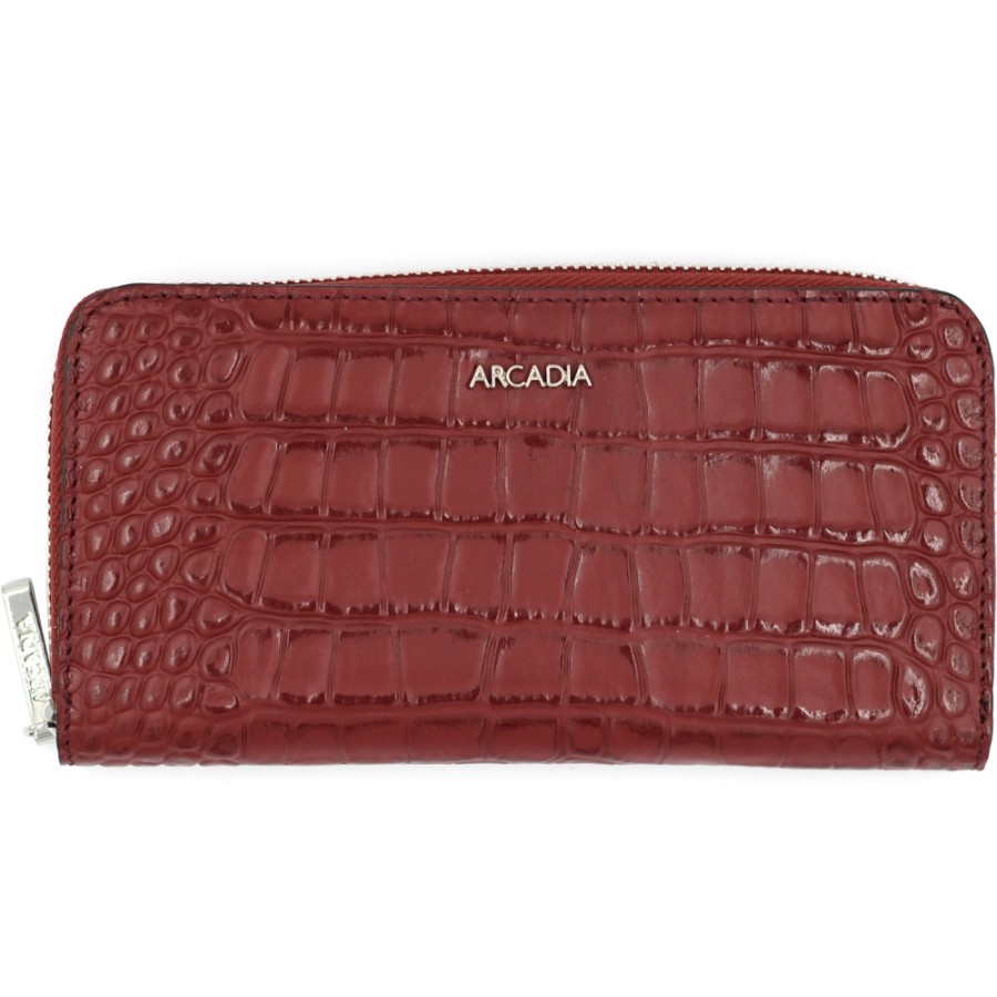 Ladies Accessories ARCADIA | Arcadia Zip Around Wallet Of Red Leather With Crocodile Pattern Made In Italy 1606