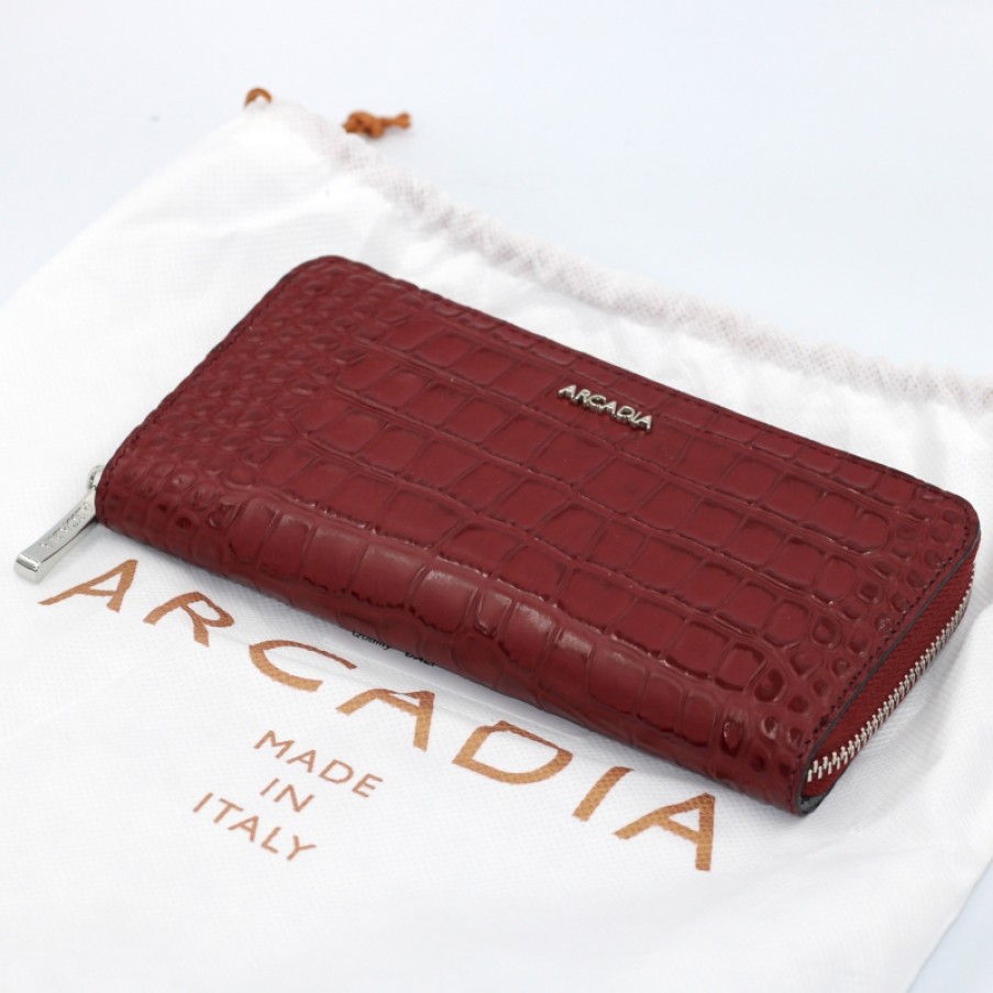 Ladies Accessories ARCADIA | Arcadia Zip Around Wallet Of Red Leather With Crocodile Pattern Made In Italy 1606