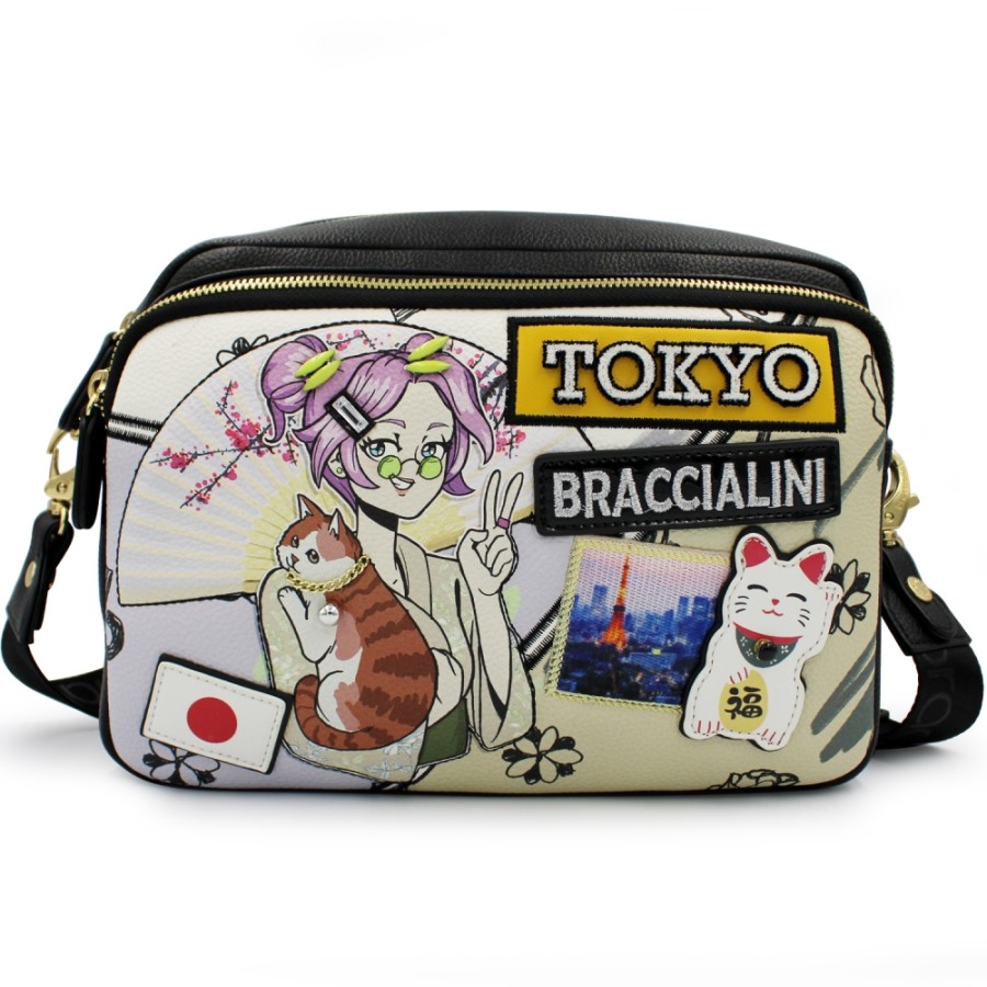 Ladies Bags Braccialini | Braccialini Beige And Multicolored Shoulder Bag With Tokyo Postcard Applique B16800