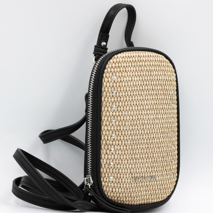 Ladies Accessories Cromia | Cromia Cellphone Purse Of Straw, With Shoulder Strap, Natural With Black Color 2600272