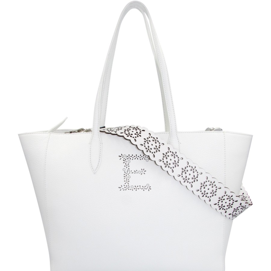 Ladies Bags ERMANNO Ermanno Scervino | Ermanno Ermanno Scervino Elegant White Leather Shopper Bag With Perforated Shoulder Strap 12400319