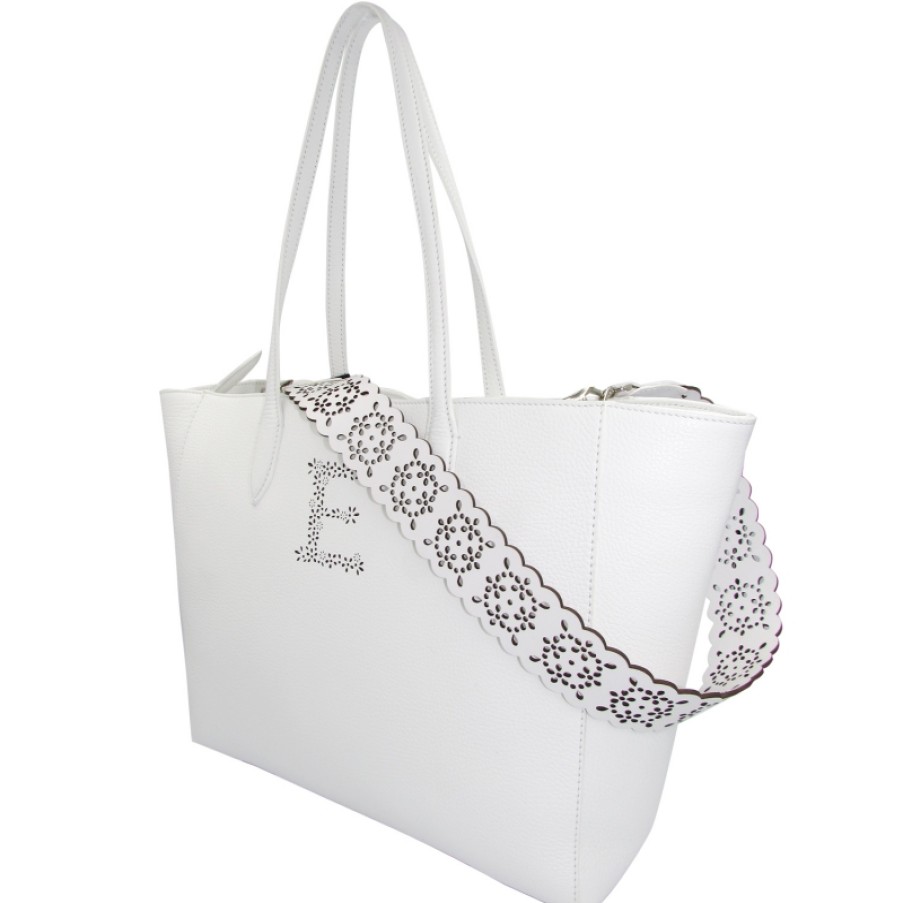 Ladies Bags ERMANNO Ermanno Scervino | Ermanno Ermanno Scervino Elegant White Leather Shopper Bag With Perforated Shoulder Strap 12400319