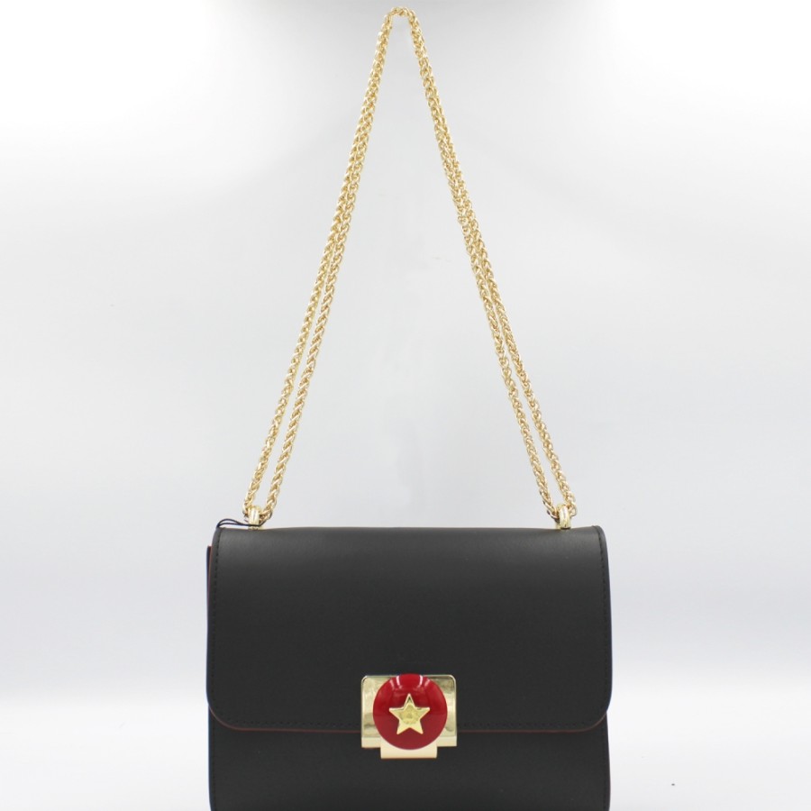 Ladies Bags M*BRC | M*Brc Black Leather Clutch Bag With Red & Gold Details, Made In Italy F229_Nero