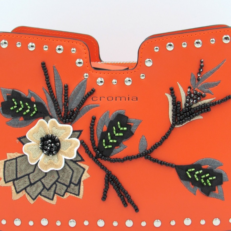 Ladies Bags CROMIA | Cromia Orange Leather Crossbody Bag With Flower Applique Embroidered With Beads 1403688