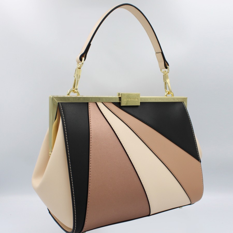 Ladies Bags Cromia | Cromia Beige, Black, Bronze Leather Retro Style Bag, Made In Italy 1405439