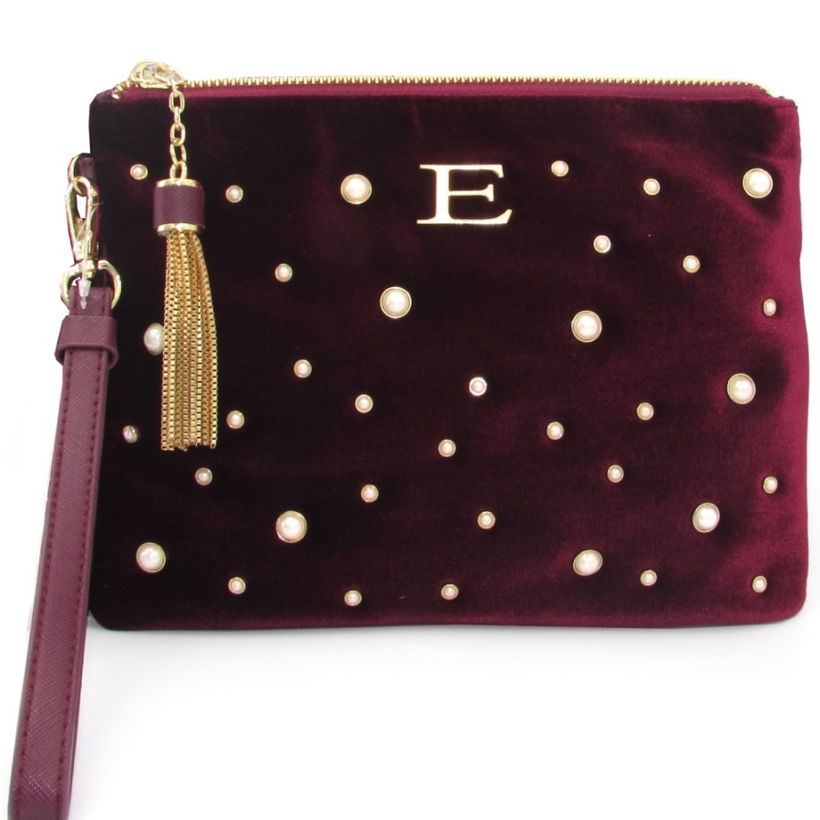 Ladies Bags ERMANNO Ermanno Scervino | Ermanno Ermanno Scervino Burgundy Velvet Clutch Bag With Pearls 12400611Bord