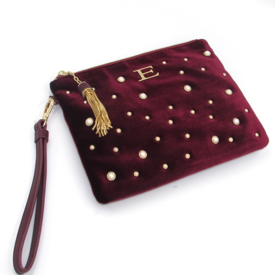 Ladies Bags ERMANNO Ermanno Scervino | Ermanno Ermanno Scervino Burgundy Velvet Clutch Bag With Pearls 12400611Bord