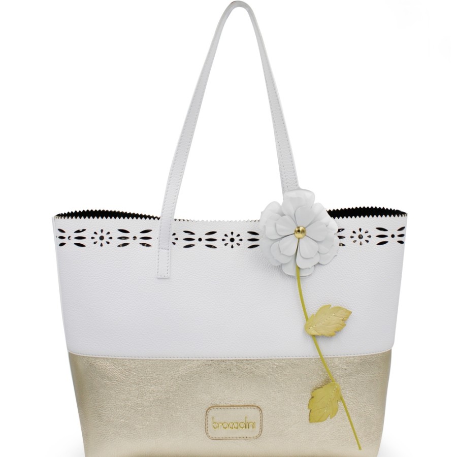 Ladies Bags Braccialini | Braccialini Two-Tone White And Gold Leather Shopper Bag With Flower B16641-001