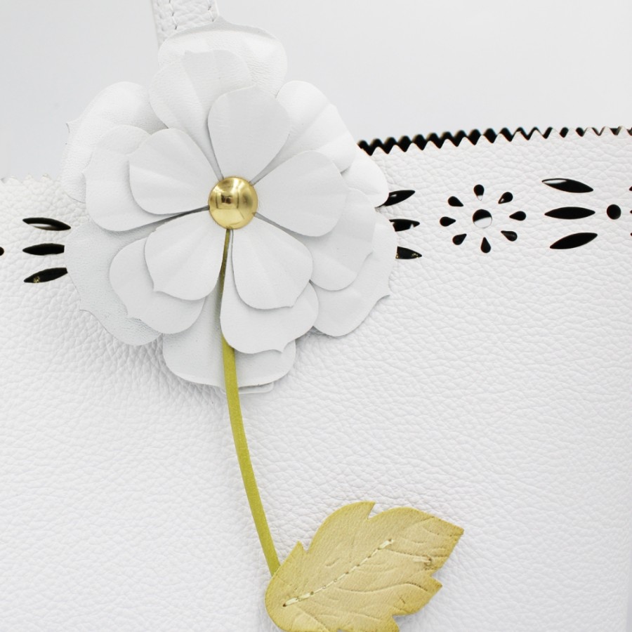 Ladies Bags Braccialini | Braccialini Two-Tone White And Gold Leather Shopper Bag With Flower B16641-001