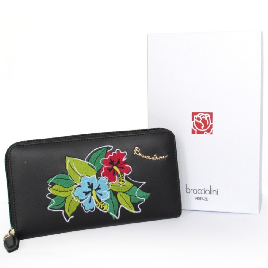 Ladies Accessories Braccialini | Braccialini Women'S Wallet In Black Leather With Flowers Embroidery B12332