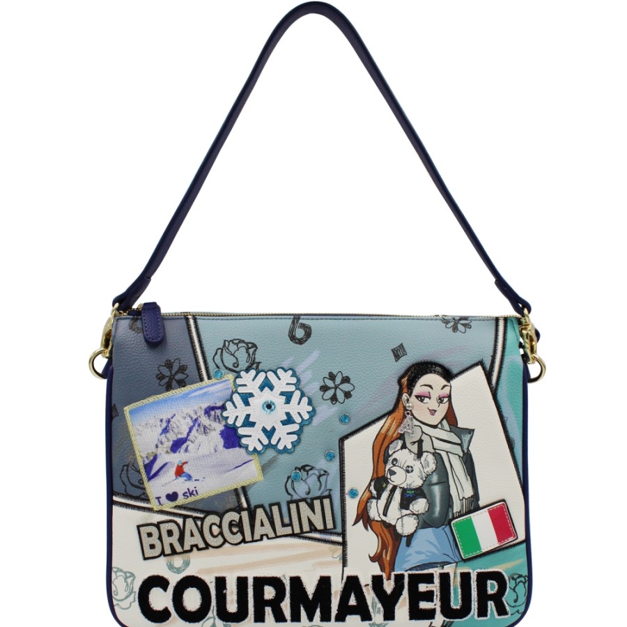 Ladies Bags Braccialini | Braccialini Blue And Turquoise Shoulder Bag With Courmayeur Winter Postcard Image B16803