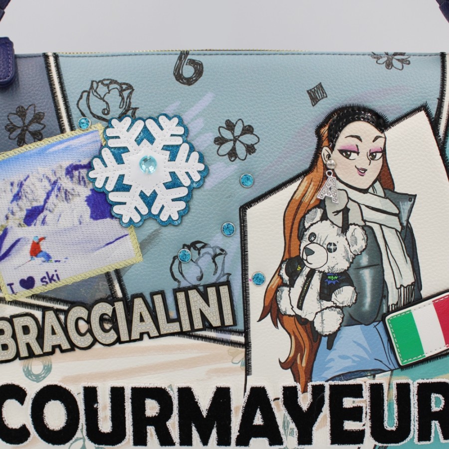 Ladies Bags Braccialini | Braccialini Blue And Turquoise Shoulder Bag With Courmayeur Winter Postcard Image B16803