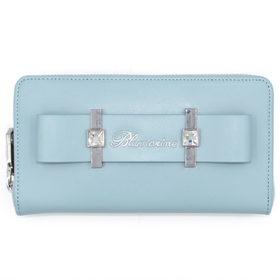 Ladies Accessories Blumarine | Blumarine Ladies Light Blue Leather Zip Around Wallet With Bow & Crystals B91Pwb081923