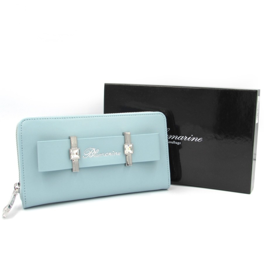 Ladies Accessories Blumarine | Blumarine Ladies Light Blue Leather Zip Around Wallet With Bow & Crystals B91Pwb081923