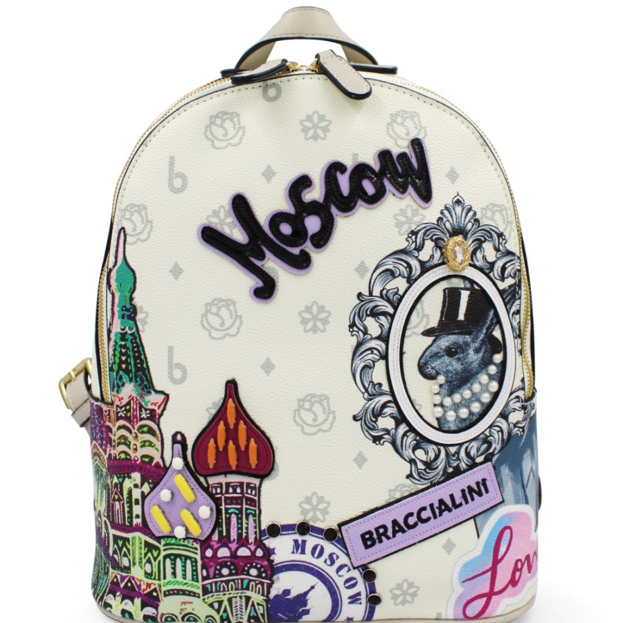 Ladies Bags Braccialini | Braccialini Women'S Backpack With Applique, Theme: Moscow Tourist Attractions, Cream Color B16117