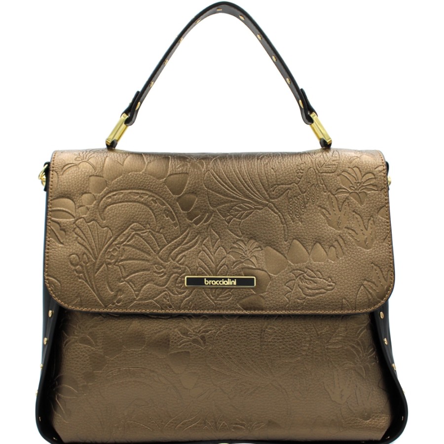 Ladies Bags Braccialini | Braccialini Bronze & Black Leather Satchel Bag B13662