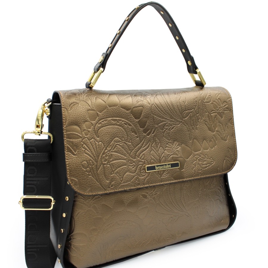 Ladies Bags Braccialini | Braccialini Bronze & Black Leather Satchel Bag B13662