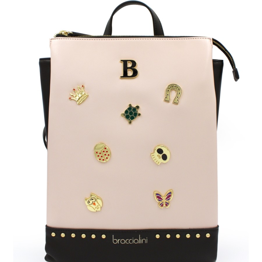 Ladies Bags Braccialini | Braccialini Two-Tone Black & Pink Backpack Decorated With Metallic Figures B14364