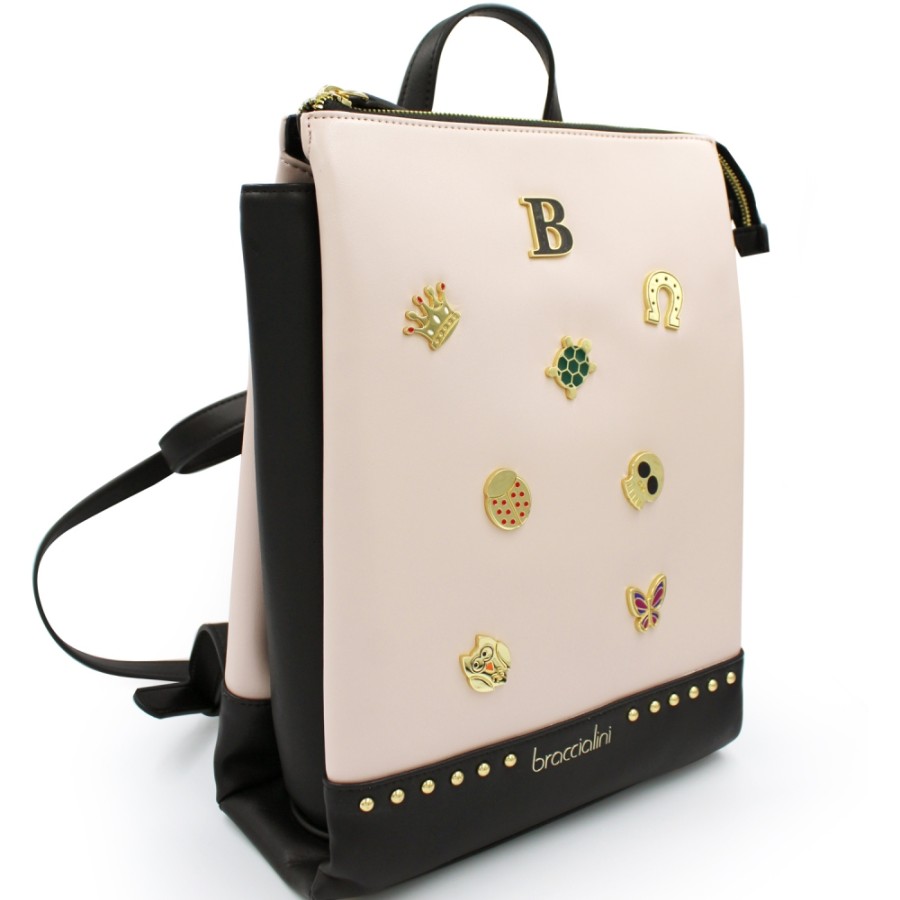 Ladies Bags Braccialini | Braccialini Two-Tone Black & Pink Backpack Decorated With Metallic Figures B14364