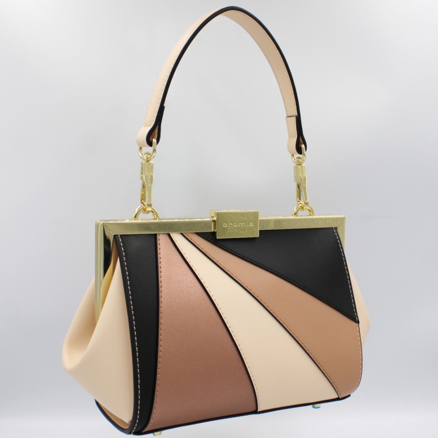 Ladies Bags Cromia | Cromia Beige, Black, Bronze Leather Retro Style Small Bag, Made In Italy 1405440