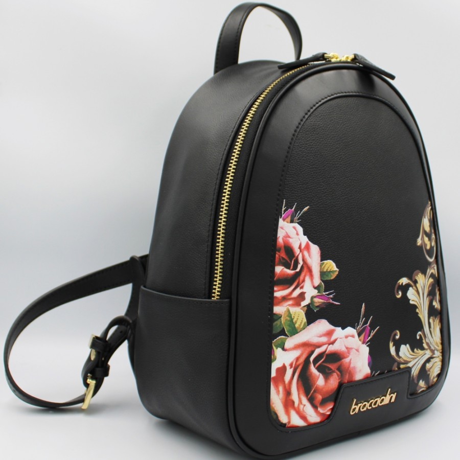 Ladies Bags Braccialini | Braccialini Black Leather Backpack With Vignettes And Roses Decoration B17465-Yy-818-Uni