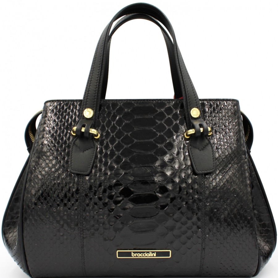 Ladies Bags Braccialini | Braccialini Luxury Designer Classic Bag Of Black Real Python Leather Made In Italy B13690