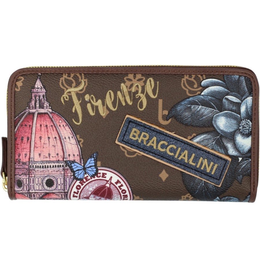 Ladies Accessories Braccialini | Braccialini Women'S Zip Around Wallet, Brown With Applique, Theme: Tourist Attractions Of Florence B16294_126-Ca