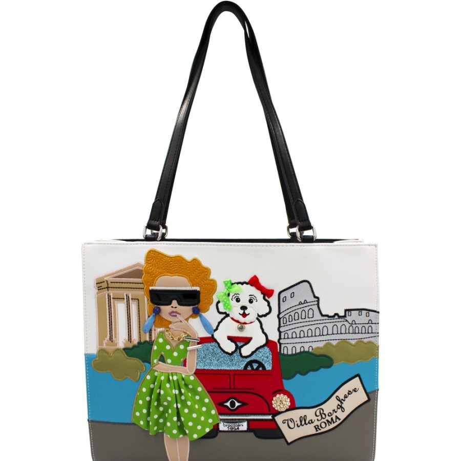 Ladies Bags Braccialini | Braccialini White Shopper Bag With Collage Image Of Rome B14813