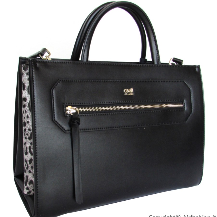 Ladies Bags Cavalli CLASS | Cavalli Class Ladies Black Leather Satchel Bag With Leopard Motif Inserts C81Pwcov0032