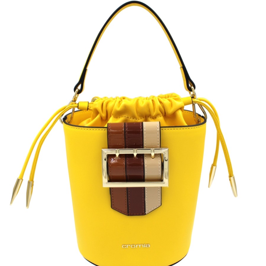 Ladies Bags Cromia | Cromia Yellow Leather Mini Bucket Bag With Buckle 8051978055785