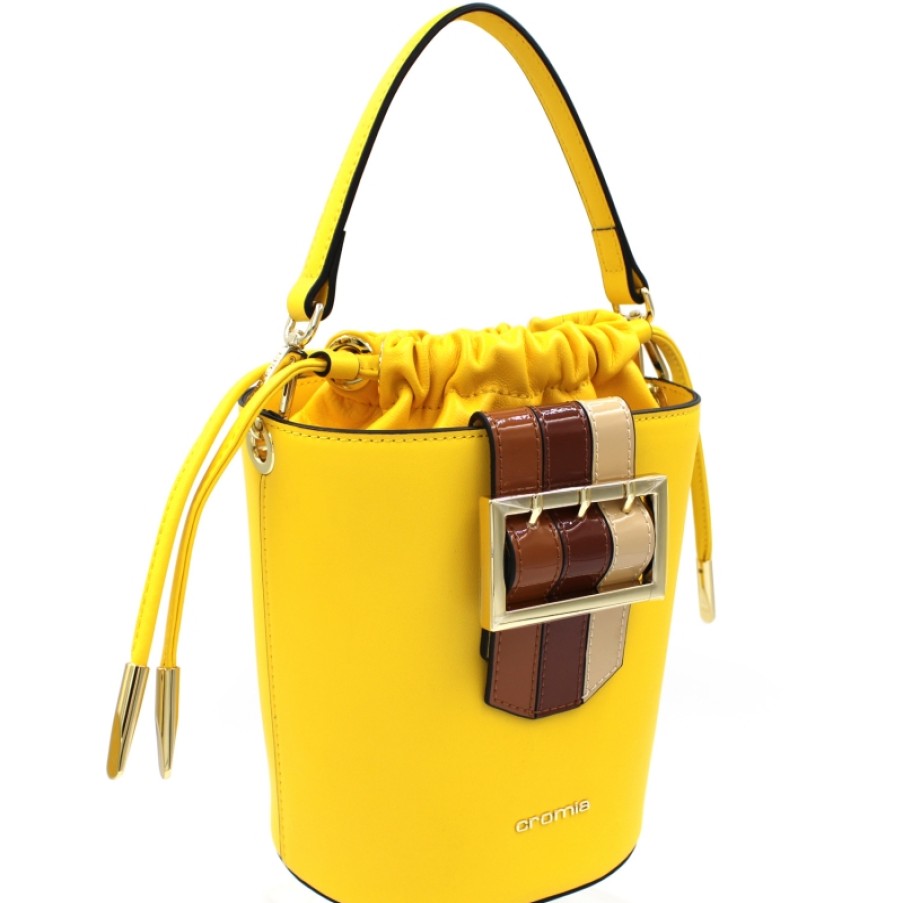 Ladies Bags Cromia | Cromia Yellow Leather Mini Bucket Bag With Buckle 8051978055785