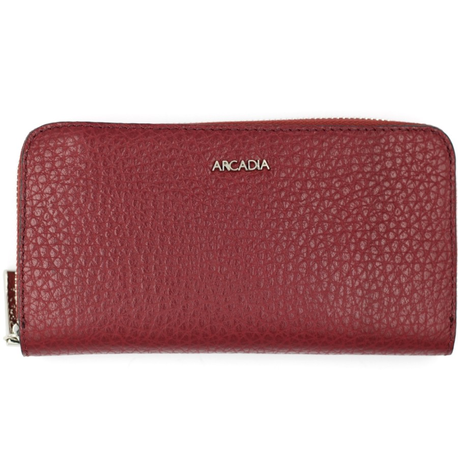 Ladies Accessories ARCADIA | Arcadia Burgundy Leather Zip Around Long Wallet Made In Italy 2101-1604