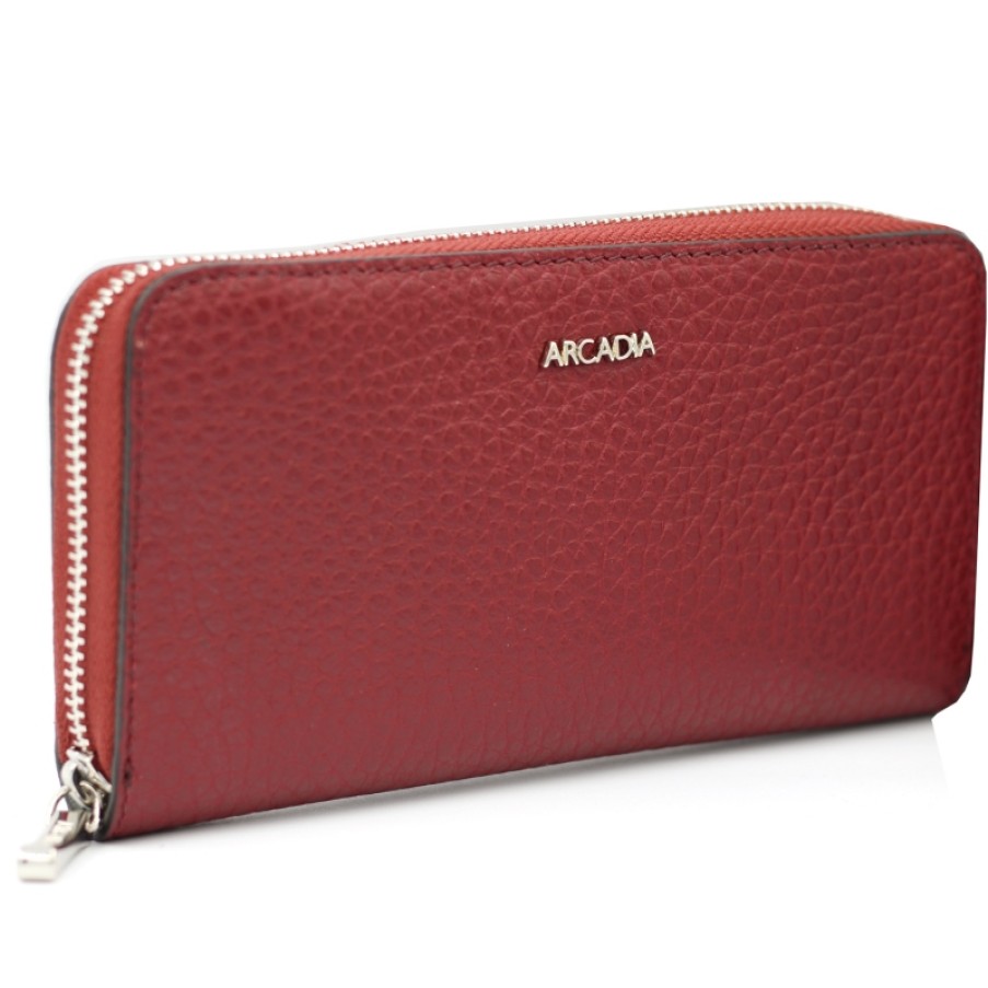 Ladies Accessories ARCADIA | Arcadia Burgundy Leather Zip Around Long Wallet Made In Italy 2101-1604