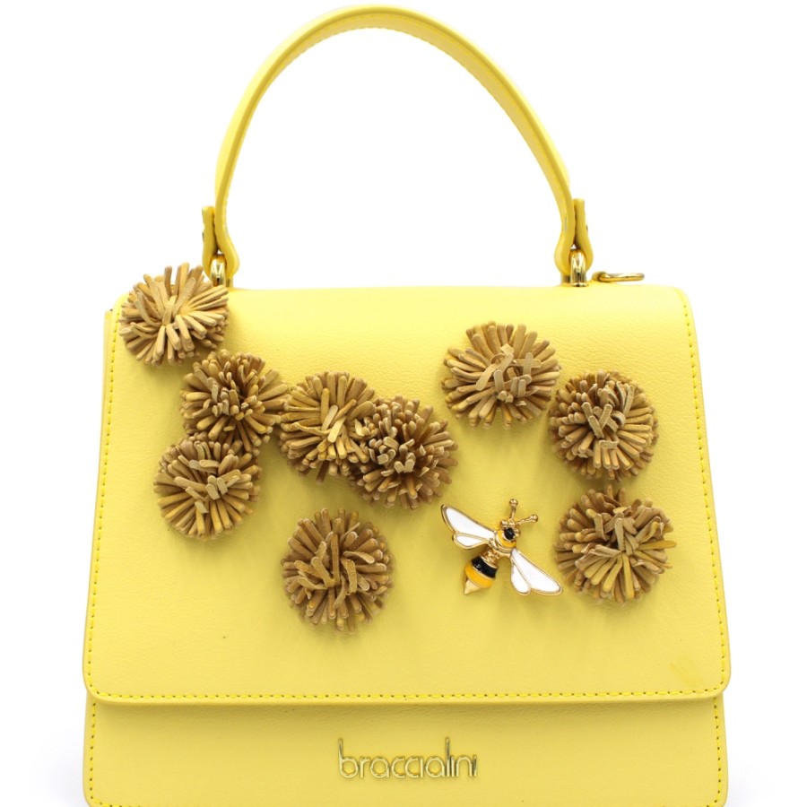 Ladies Bags Braccialini | Braccialini Yellow Leather Handbag With Flowers And Bee, Made In Italy B16722