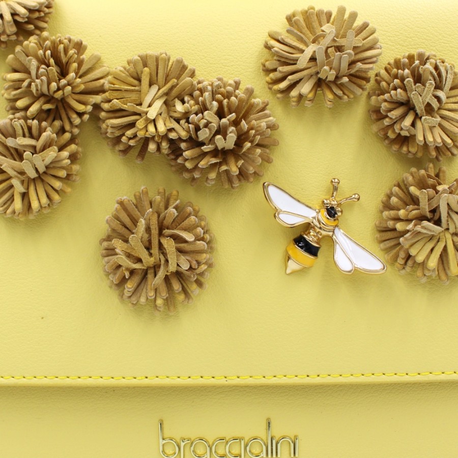 Ladies Bags Braccialini | Braccialini Yellow Leather Handbag With Flowers And Bee, Made In Italy B16722