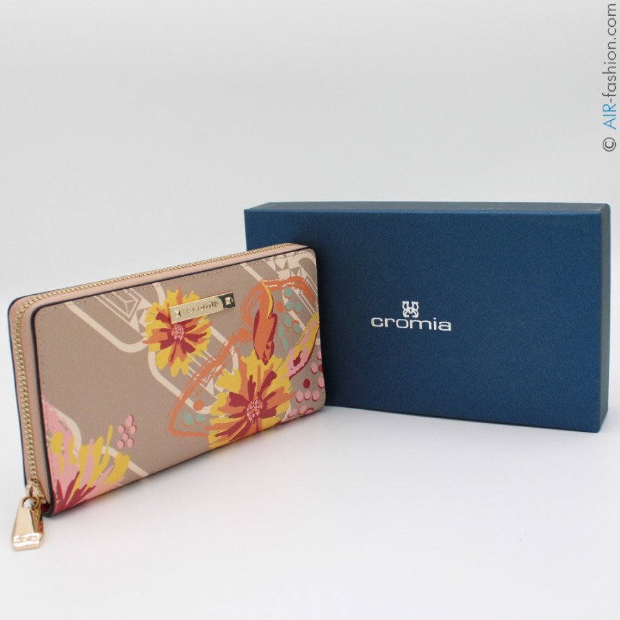 Ladies Accessories Cromia | Cromia Multi-Pocket Wallet Of Beige Leather With Floral Pattern, Made In Italy 2641301_Te