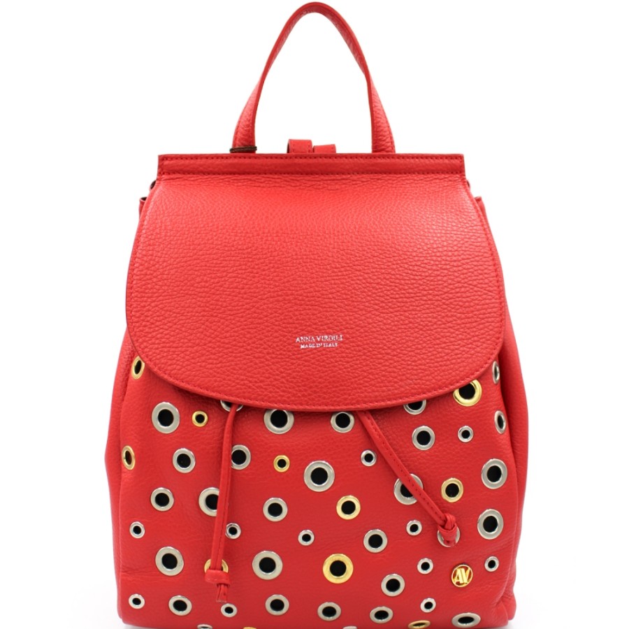 Ladies Bags ANNA VIRGILI | Anna Virgili Fashionable Backpack Of Red Leather With Metal Rings Made In Italy Acwbmarlrok