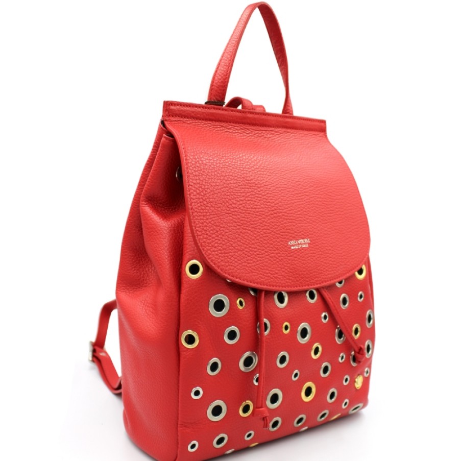 Ladies Bags ANNA VIRGILI | Anna Virgili Fashionable Backpack Of Red Leather With Metal Rings Made In Italy Acwbmarlrok