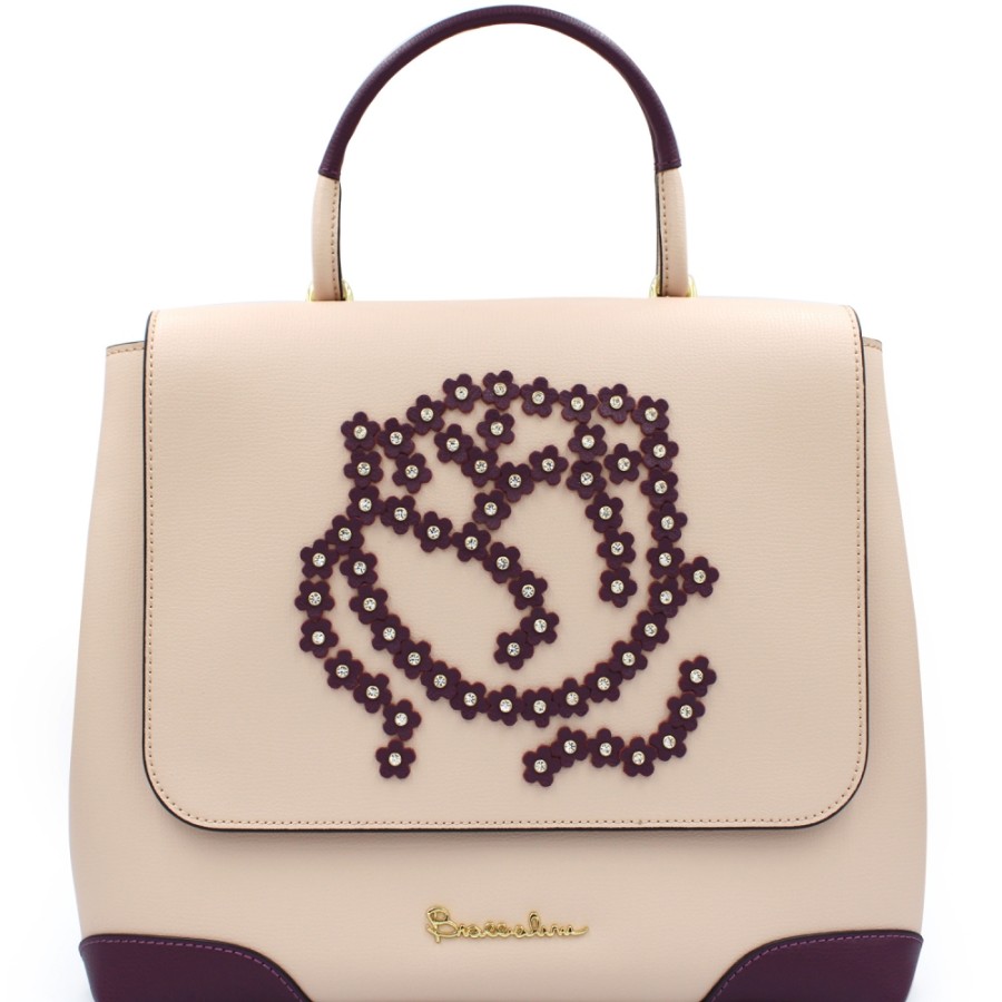 Ladies Bags Braccialini | Braccialini Fashion Pink Leather Satchel Bag With Rose Applique B13452