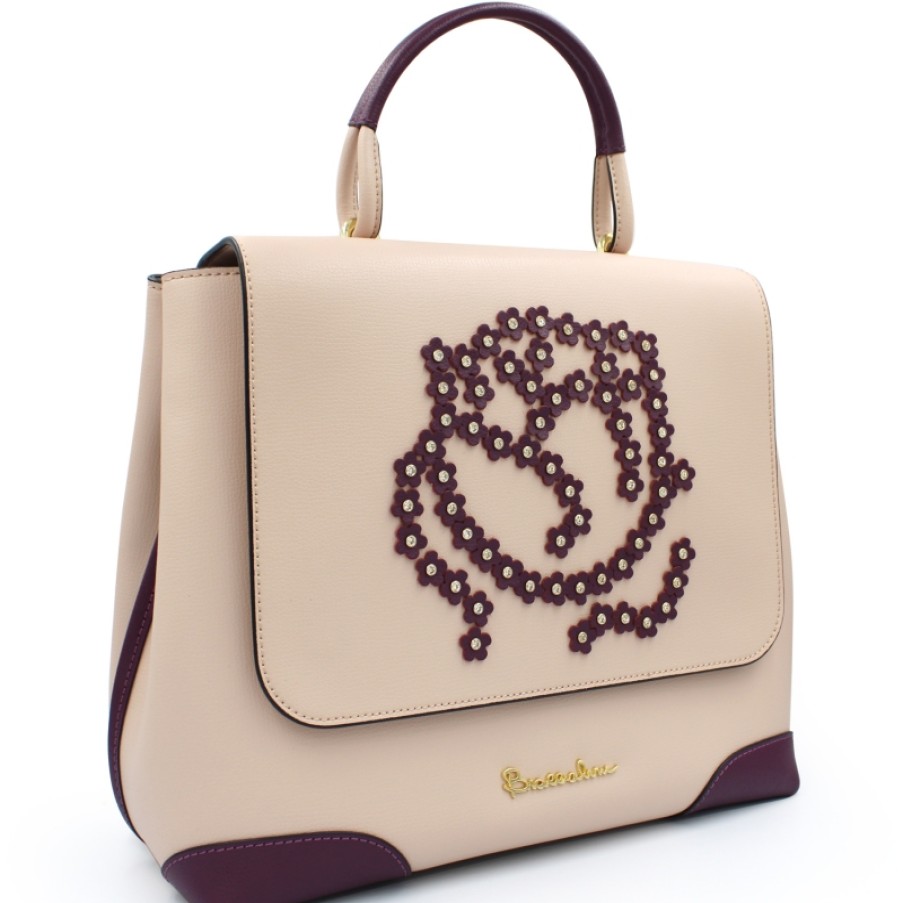 Ladies Bags Braccialini | Braccialini Fashion Pink Leather Satchel Bag With Rose Applique B13452