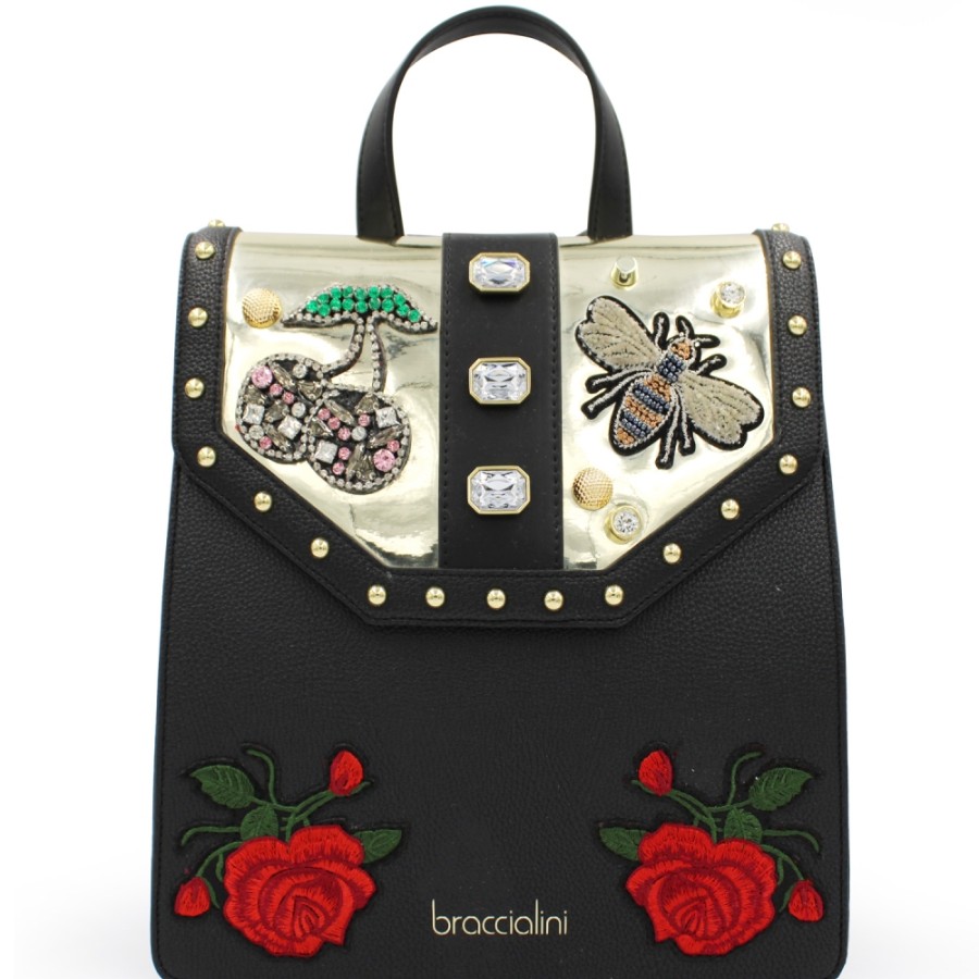 Ladies Bags Braccialini | Braccialini Women'S Black Backpack With Crystal Applique And Embroidery B14503