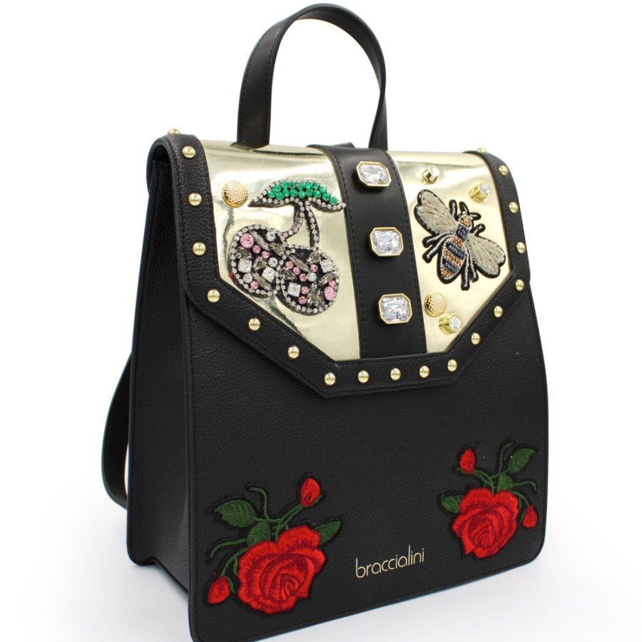 Ladies Bags Braccialini | Braccialini Women'S Black Backpack With Crystal Applique And Embroidery B14503