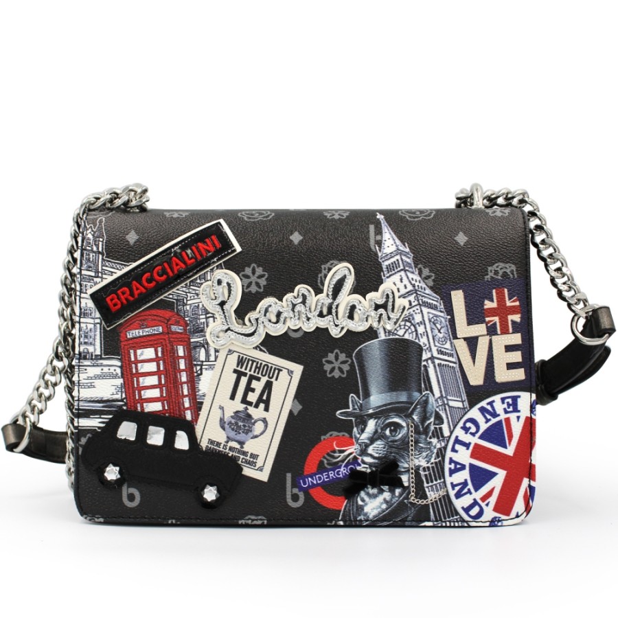 Ladies Bags Braccialini | Braccialini Black Shoulder Bag With Applique, Theme: London Tourist Attractions B16111