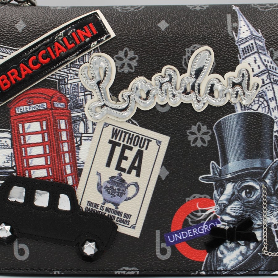 Ladies Bags Braccialini | Braccialini Black Shoulder Bag With Applique, Theme: London Tourist Attractions B16111