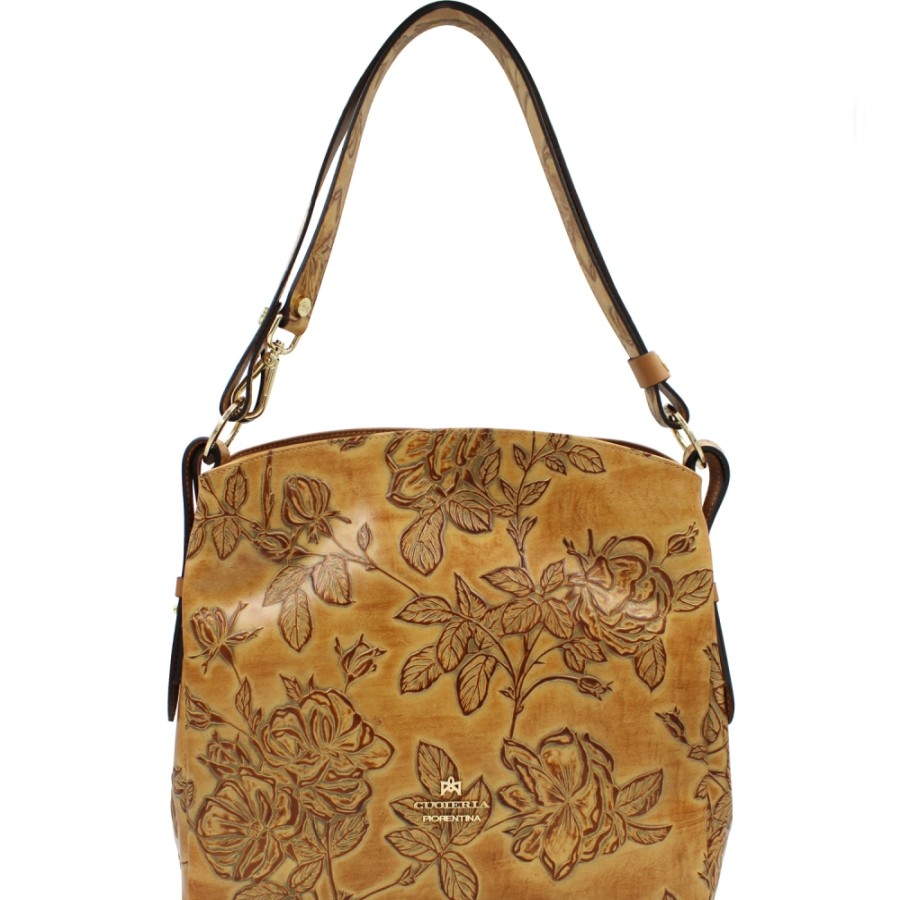 Ladies Bags Cuoieria Fiorentina | Cuoieria Fiorentina Leather Hobo Bag With Embossed Roses, Ocher Color, Made In Italy B000001651385-Beige