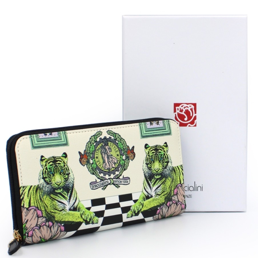 Ladies Accessories Braccialini | Braccialini Wallet With Tiger, Macaw Parrots And Giraffe Print - Cream Color B13250