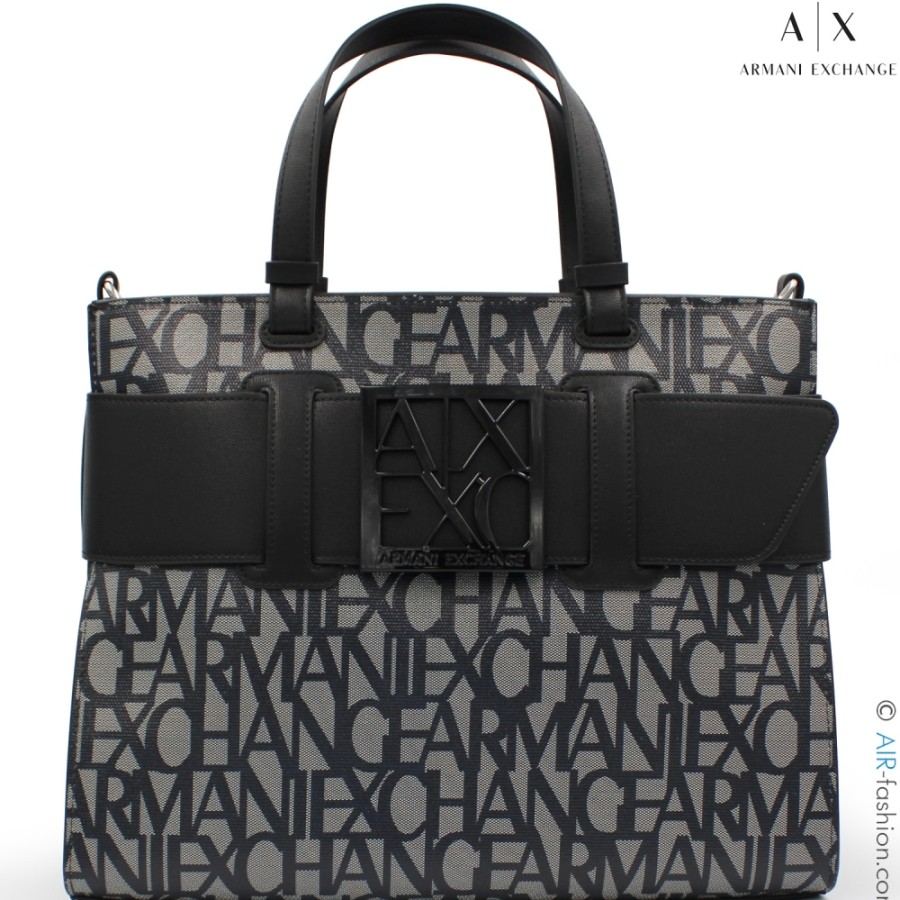 Ladies Bags Armani Exchange | Armani Exchange Handbag, With Black-Gray Logos Pattern 9426893F742100850